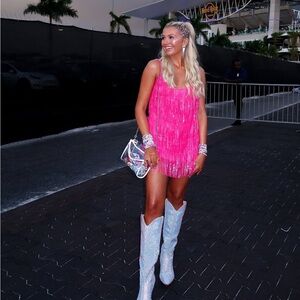 Pink Fringe Dress with Silver Boots